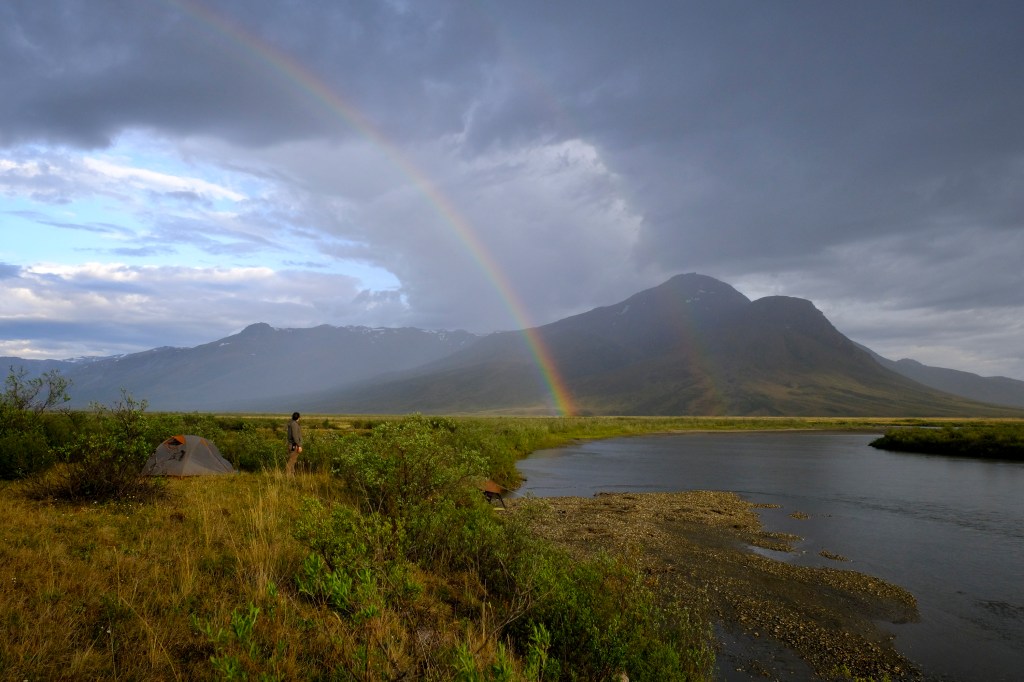 Double rainbow gracing the valley at 10pm on the Noatak River in Gates of the Arctic National Park, Alaska on June 17, 2021